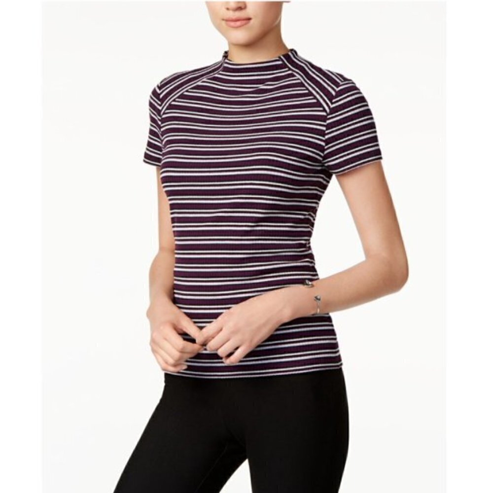 Kensie Womens Sz Large Stripe Basic T-Shirt Purple Mock Neck Ribbed Short Sleeve